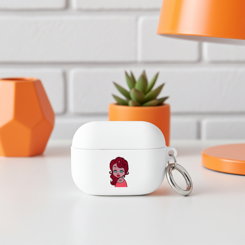 White air pod pro case with a Libra character keychain on a white surface with orange decorative items.