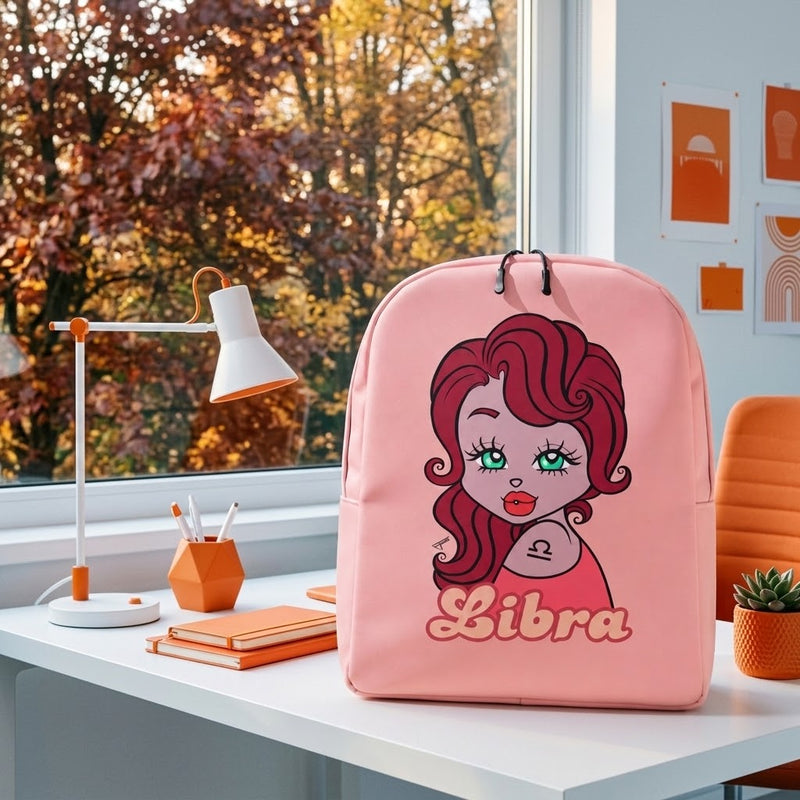 A Backpack with a cartoon Libra character and the word 'Libra' printed on the front, sitting on a white desk in a bright room with a window, lamp, and orange chair.