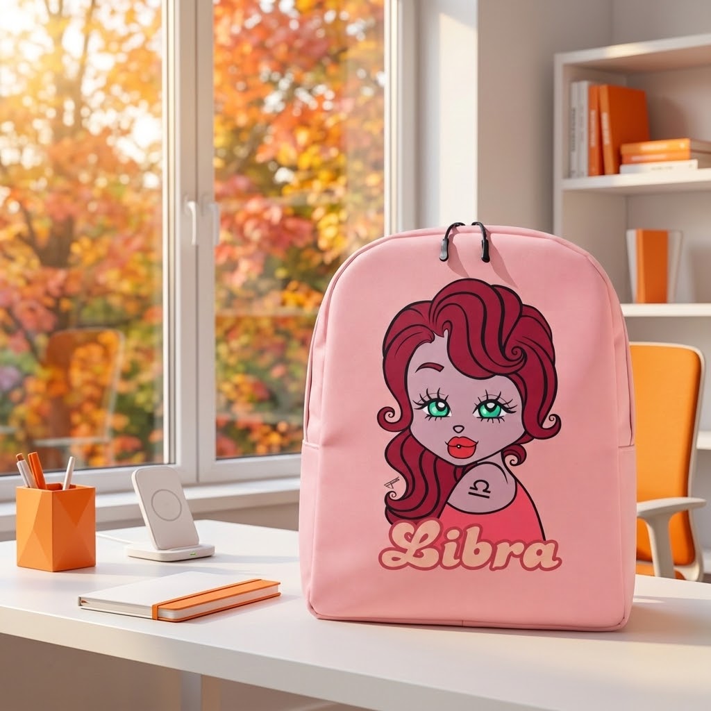 A backpack with a cartoon Libra character and the word 'Libra' printed on the front, sitting on a white desk in a bright room with autumn trees visible through the window.