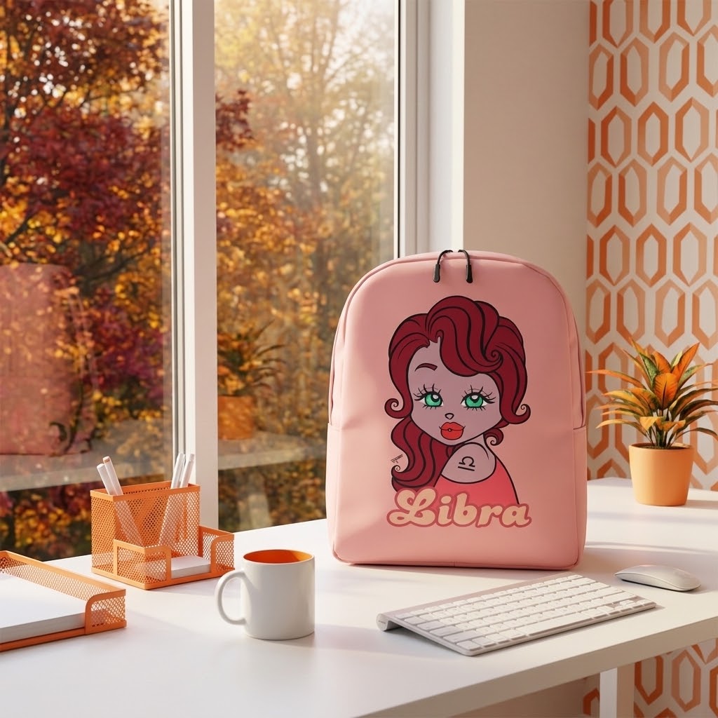 A backpack with a cartoon Libra woman graphic and the word 'Libra' printed on the front, sitting on a white desk in a bright room near a window with autumn trees outside.