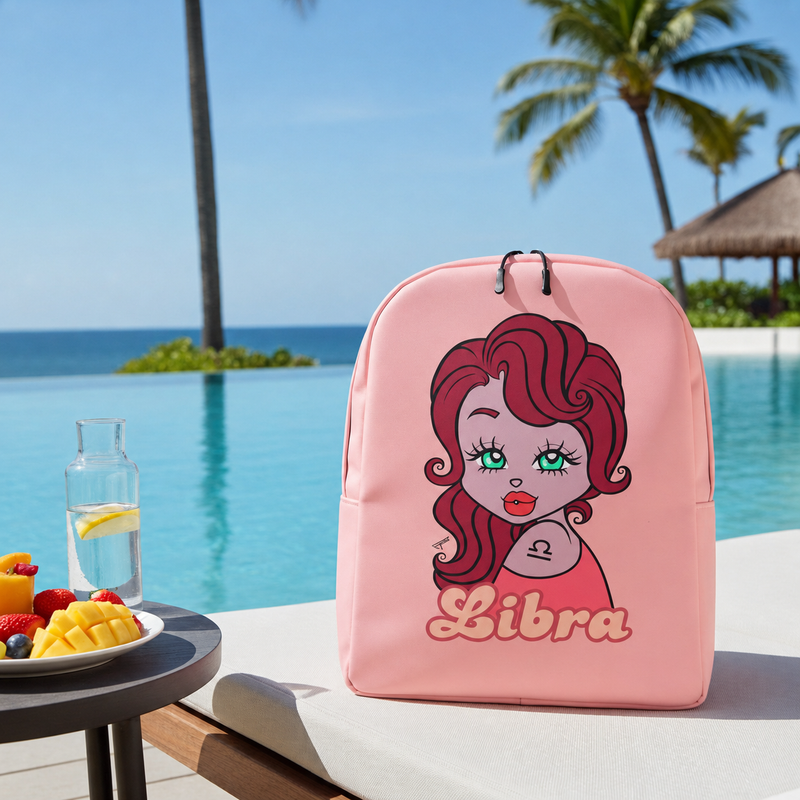 A pink backpack with a Libra character design on a poolside lounge chair next to a fruit plate and a glass of water, with a tropical pool and palm trees in the background.