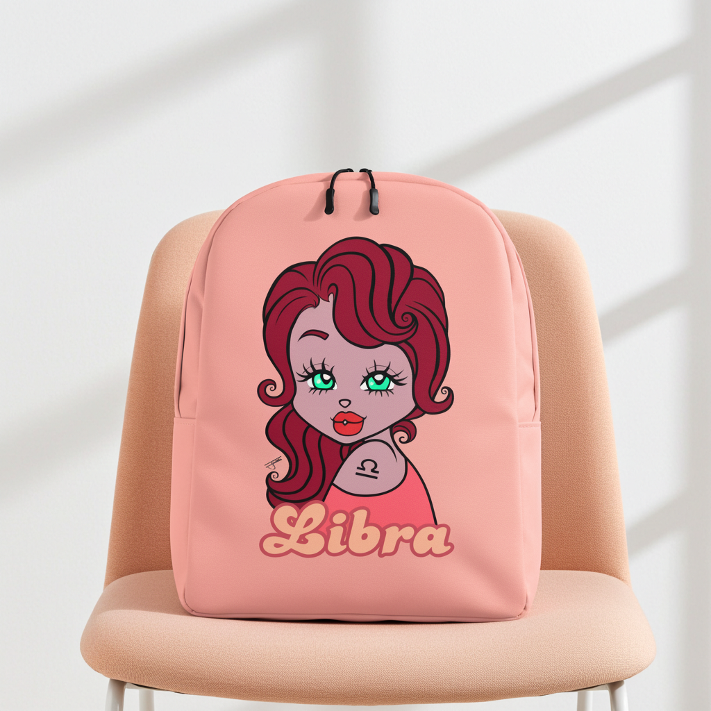 Pink backpack with a Libra design of a girl with red hair and 'Libra' text on a chair.