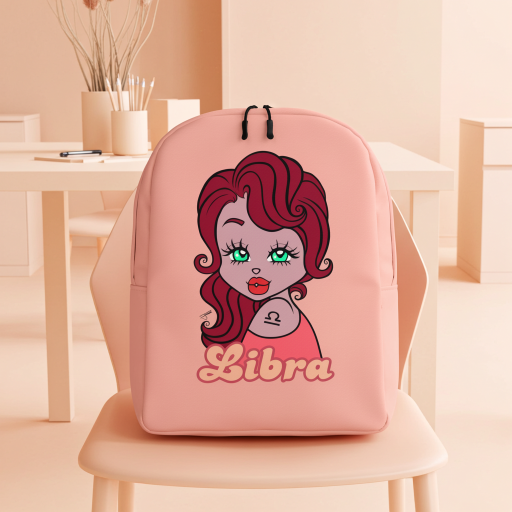 Pink backpack with a Libra design of a girl with red hair and 'Libra' text on a chair.