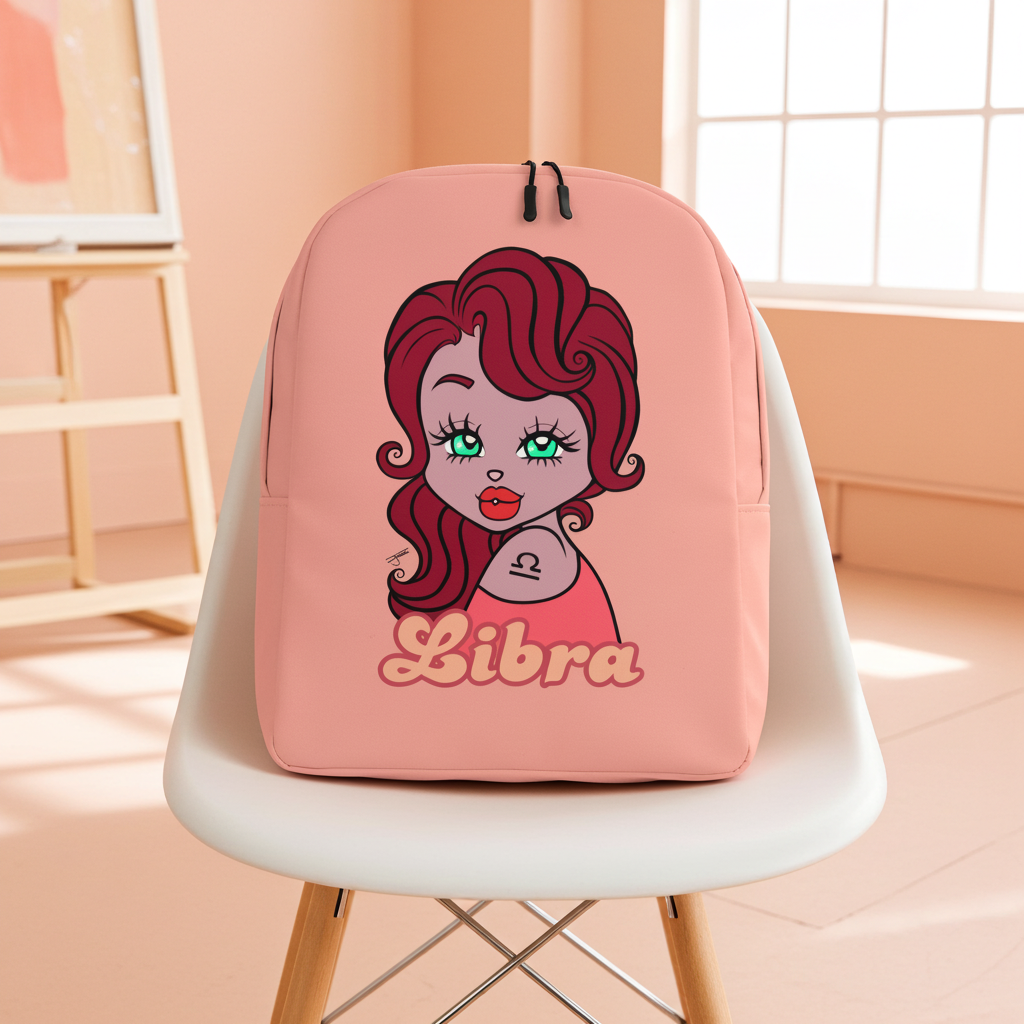 Pink backpack with a Libra design and 'Libra' text on a white chair.