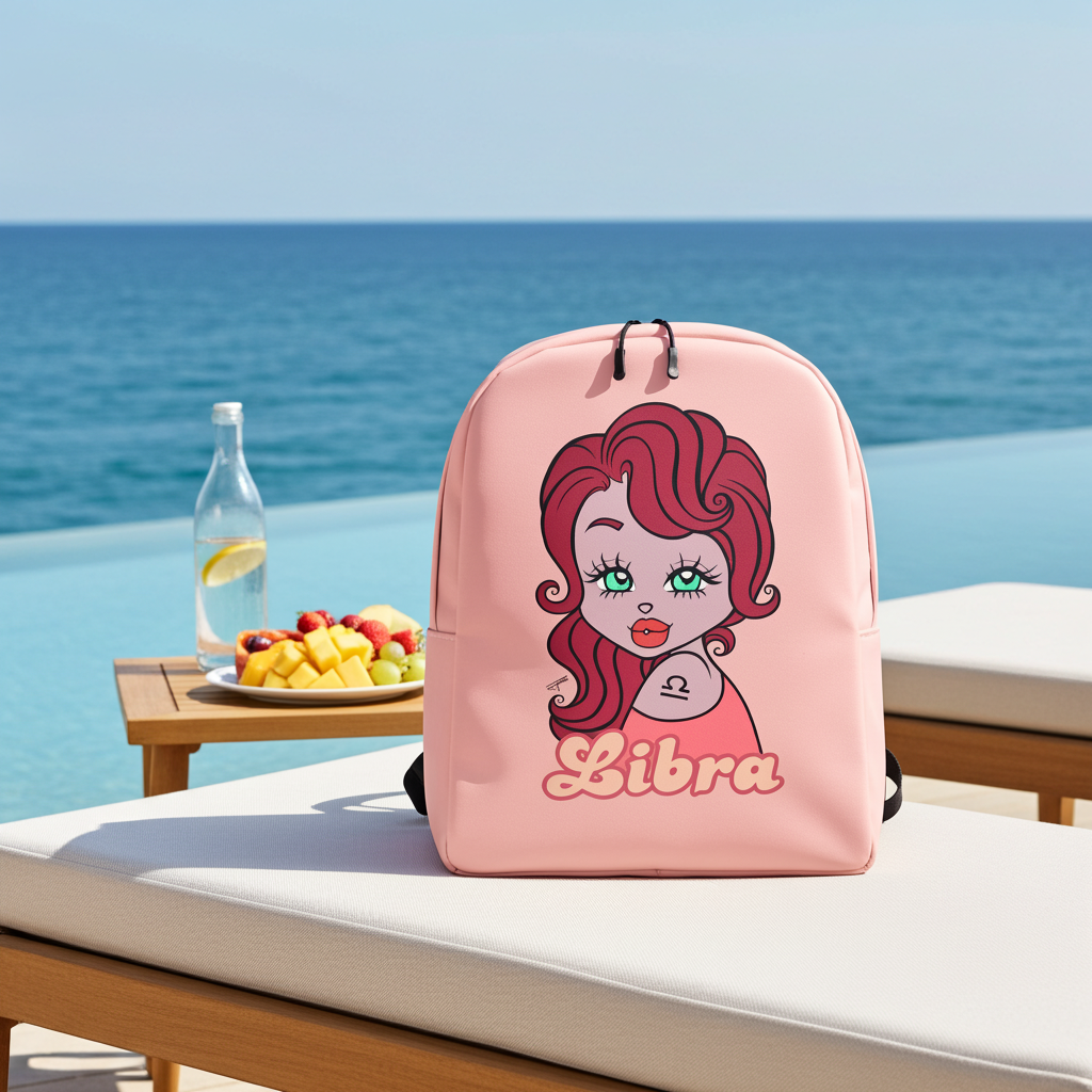 A pink backpack with a Libra character design and the word 'Libra' printed on the front, placed on a white lounge chair with an ocean and pool view in the background.