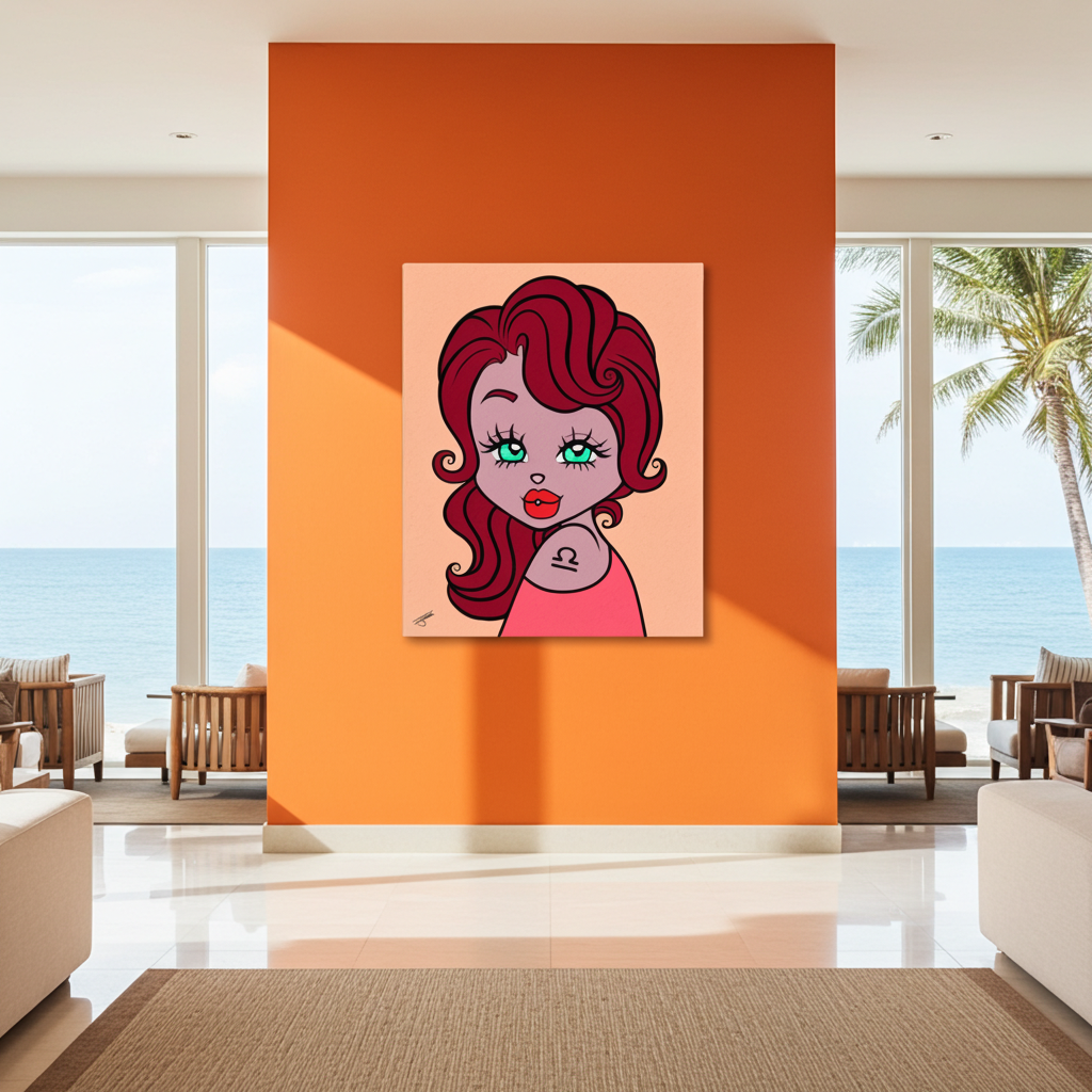 Miss Libra canvas by Shopimmis.com on an orange wall in a beautiful tropical hotel.