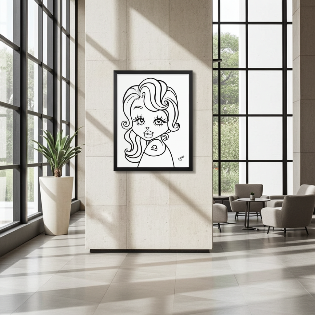 Framed artwork of a stylized face in a modern room with large windows.