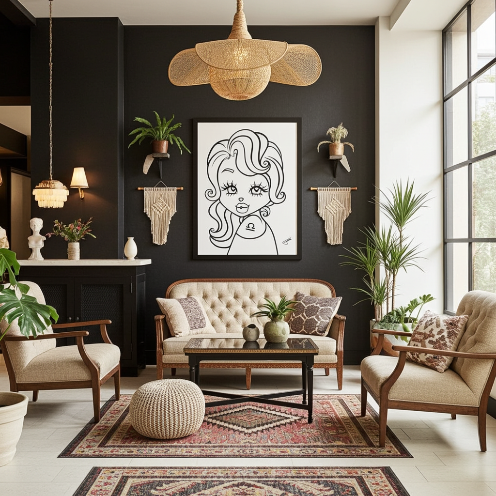 Libra Framed poster in a modern living room with dark walls, decorative plants, and a stylish sofa.