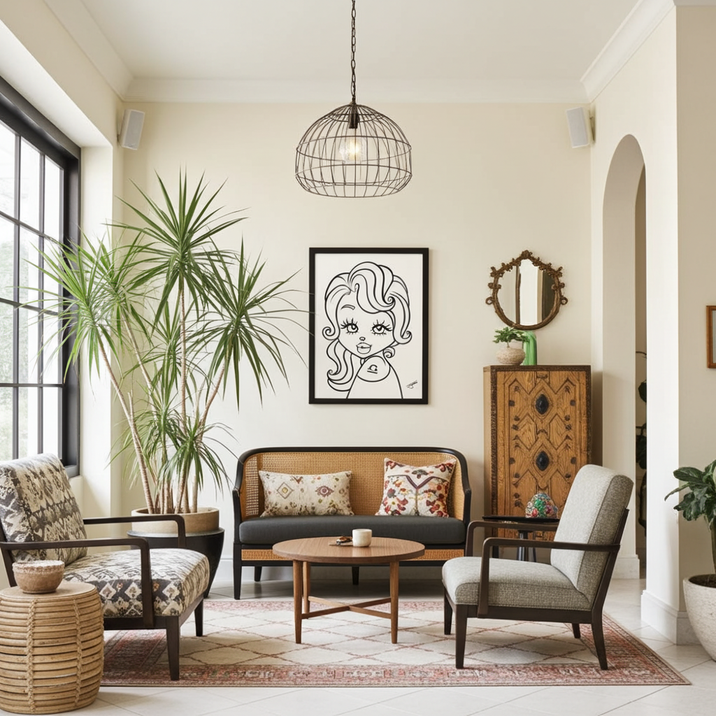 Miss Libra Framed poster in a modern living room with a couch, chairs, coffee table, and decorative elements.