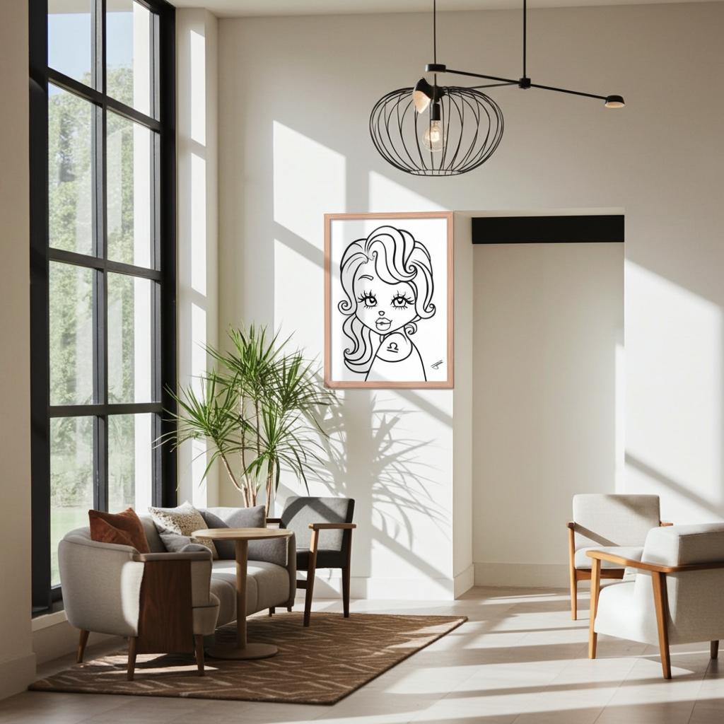 Modern living room with a large window, framed artwork, and comfortable furniture.