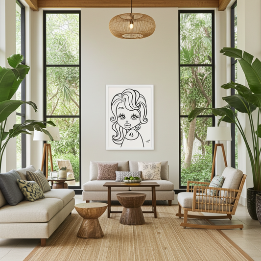 Modern living room with large windows, neutral decor, and a unique wall art piece.