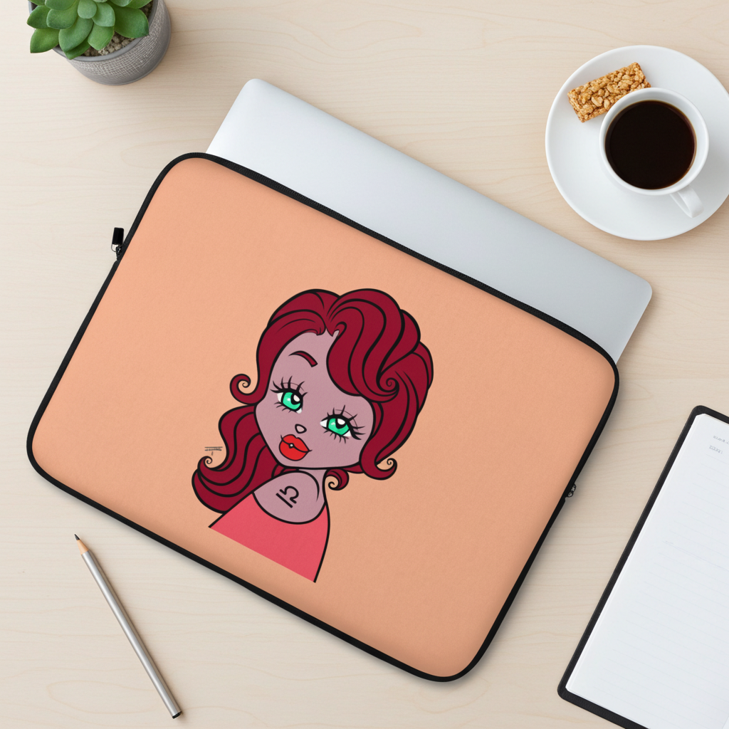 Laptop sleeve with a libra character on a desk with a cup of coffee and a plant.