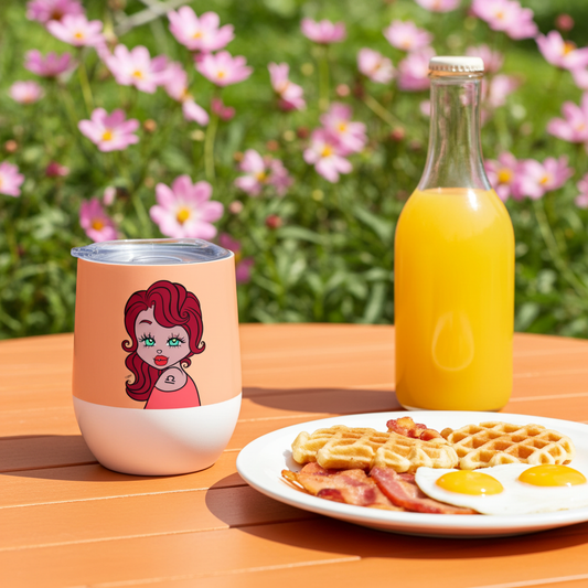 Breakfast setting with a Libra mini tumbler, bottle of orange juice, and plate of waffles, bacon, and eggs on a wooden table with flowers in the background.