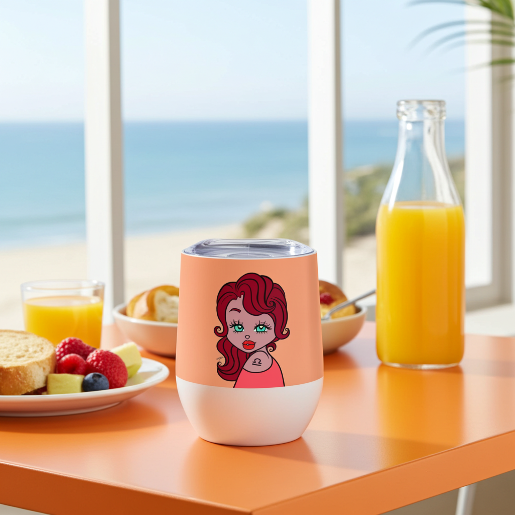 Cup with a design of a Libra character on an orange table with a view of the ocean.