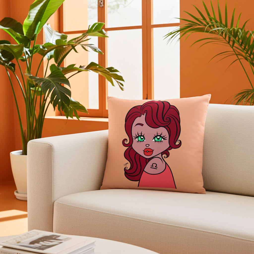 Decorative pillow with a Libra character on a beige couch in a room with orange walls and plants.