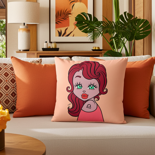 Decorative pillow with a Libra character on a couch in a living room setting.