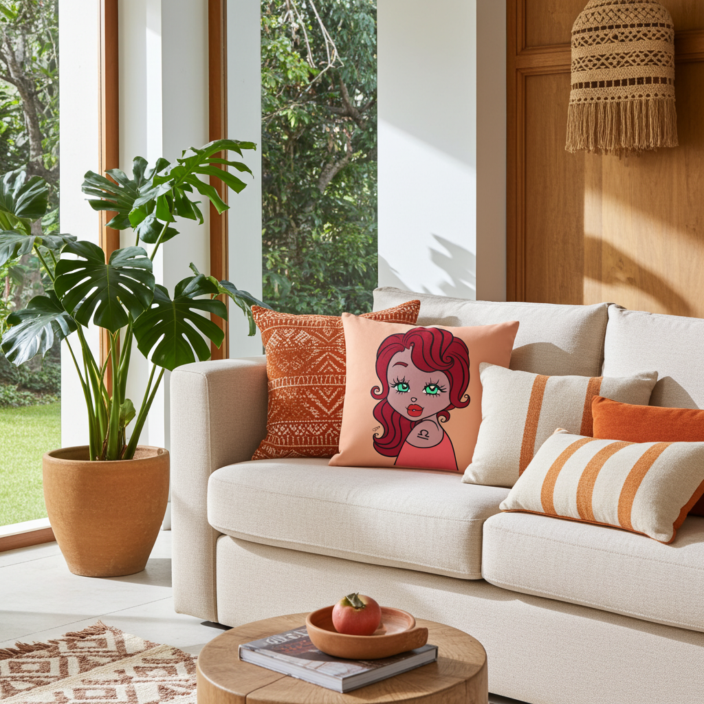 Decorative Libra pillow on a beige sofa in a bright living room with a plant and coffee table.