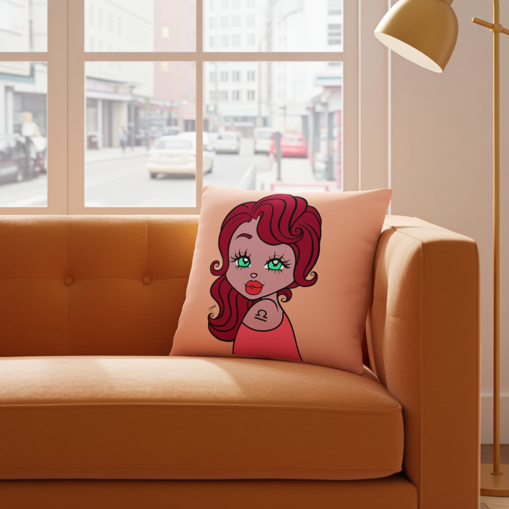 Decorative pillow with a cartoon character on an orange couch in a room with large windows.
