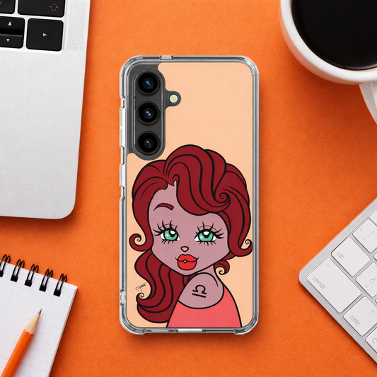 Galaxy S24 Samsung Phone case with an Aquarius character on an orange surface with a laptop and coffee cup.