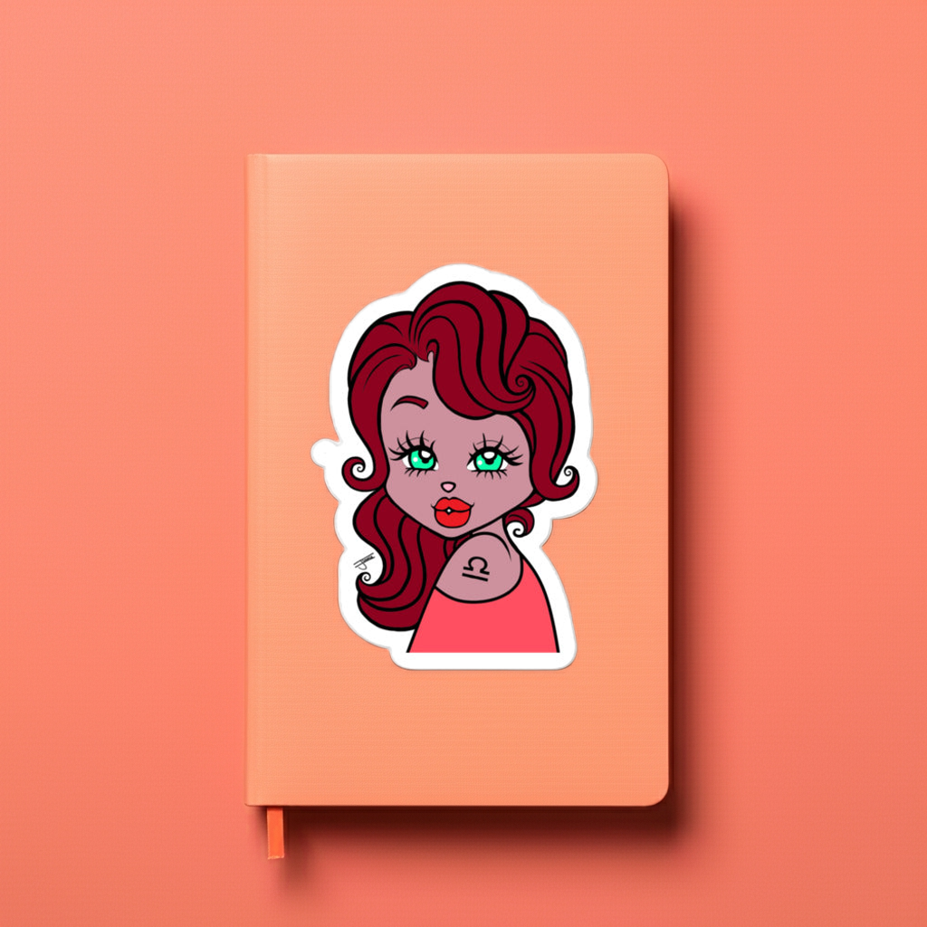 Orange notebook with a sticker of a Libra character on a peach colored background.