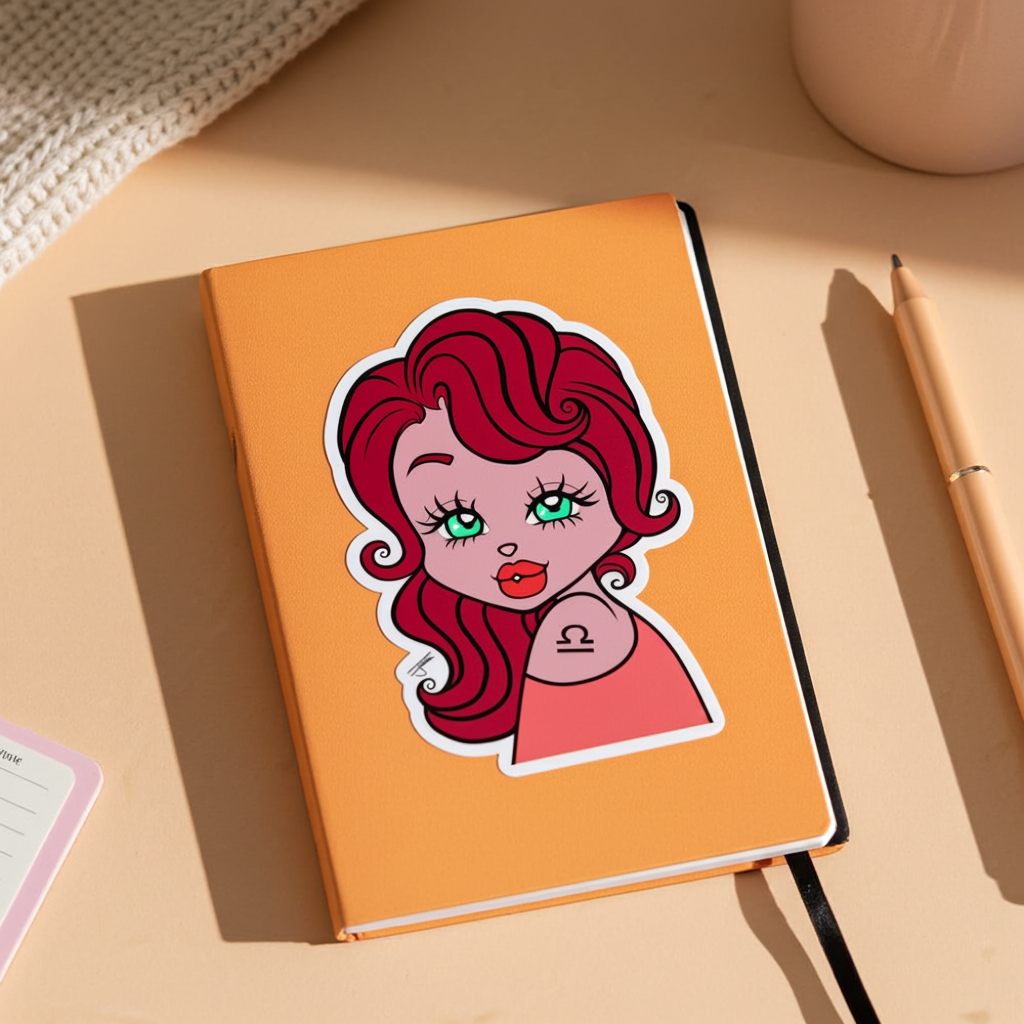 Orange notebook with a sticker of a Libra character on a beige surface with a pen and paper.
