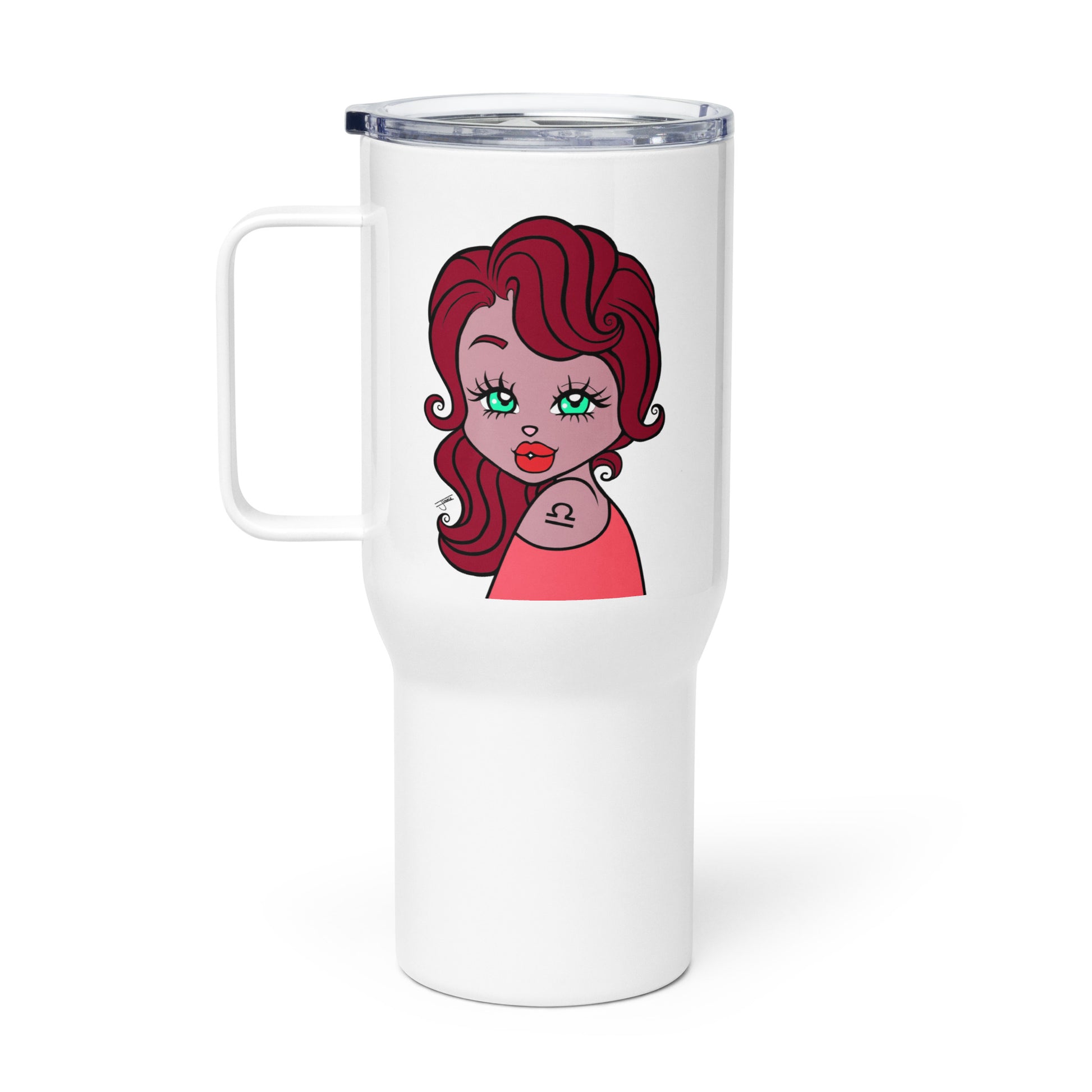 A white travel mug with a Libra illustration of a character to represent the Libra sign.
