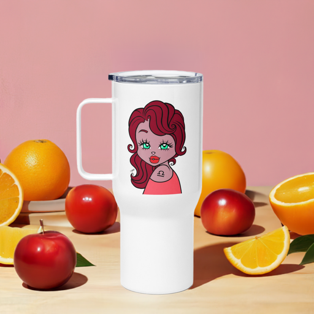 A white travel mug with a Libra illustration of a character to represent the Libra sign.