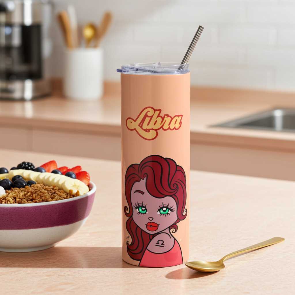 Tumbler with a Libra character with brown hair and 'Libra' text on a kitchen counter with a bowl of fruit and cereal.