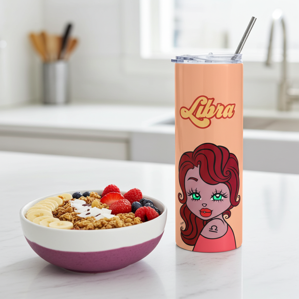 Cereal bowl with fruit and a 'Libra' themed tumbler on a kitchen counter.