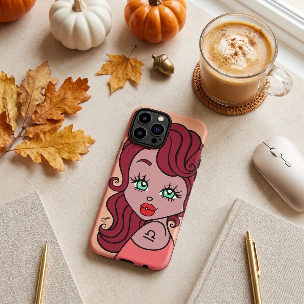 A phone case featuring a retro-style cartoon illustration of a woman with red hair and green eyes, styled on a beige desk with autumn leaves, pumpkins, a coffee mug, and stationery.