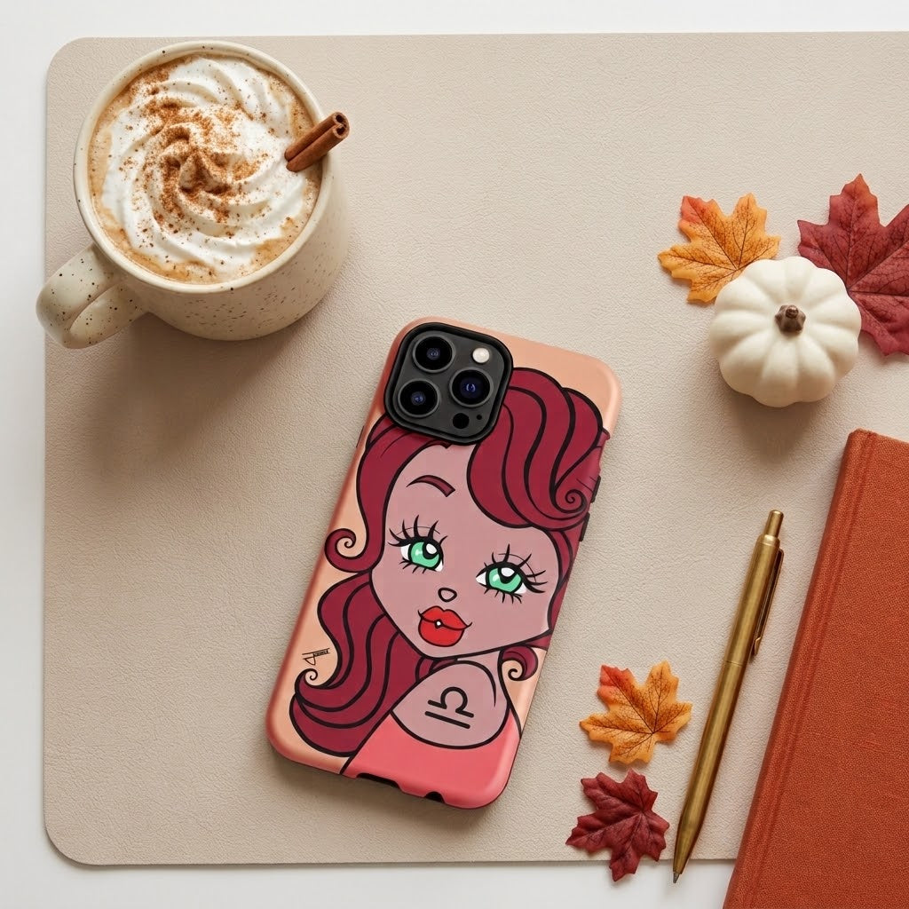A phone case featuring a stylized cartoon illustration of a woman with red hair and green eyes, displayed on a beige desk flat-lay with a coffee mug, autumn leaves, a small pumpkin, a pen, and a notebook.