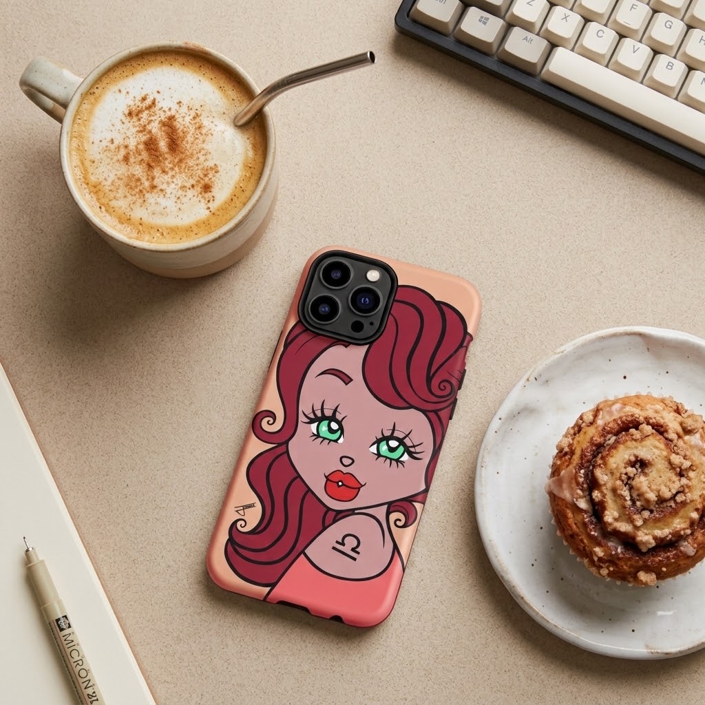 A phone case featuring a stylized cartoon illustration of a woman with red hair and green eyes, shown on a phone in a styled flat-lay with a coffee cup, keyboard, and cinnamon roll.