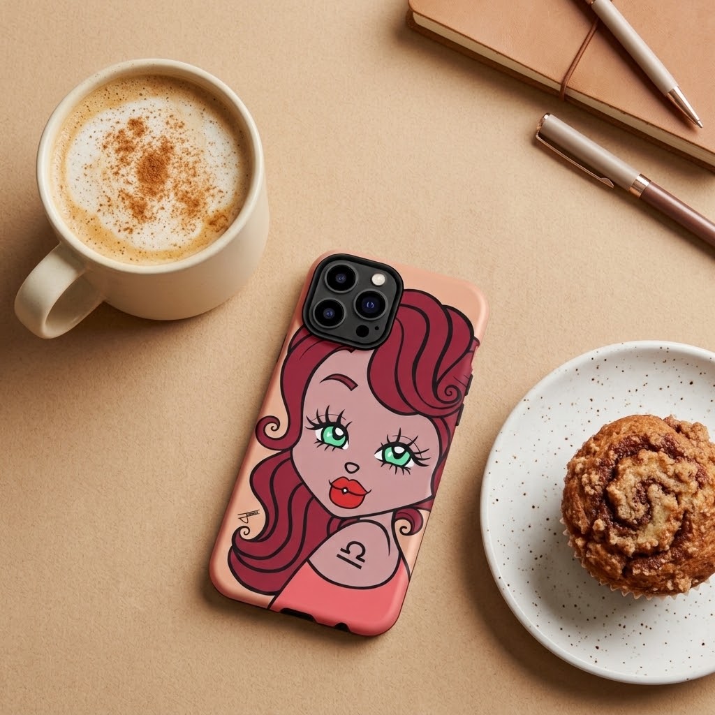 A phone case featuring a retro-style cartoon illustration of a woman with red hair and green eyes, styled in a flat-lay on a beige surface with a coffee cup, notebook, pen, and muffin.