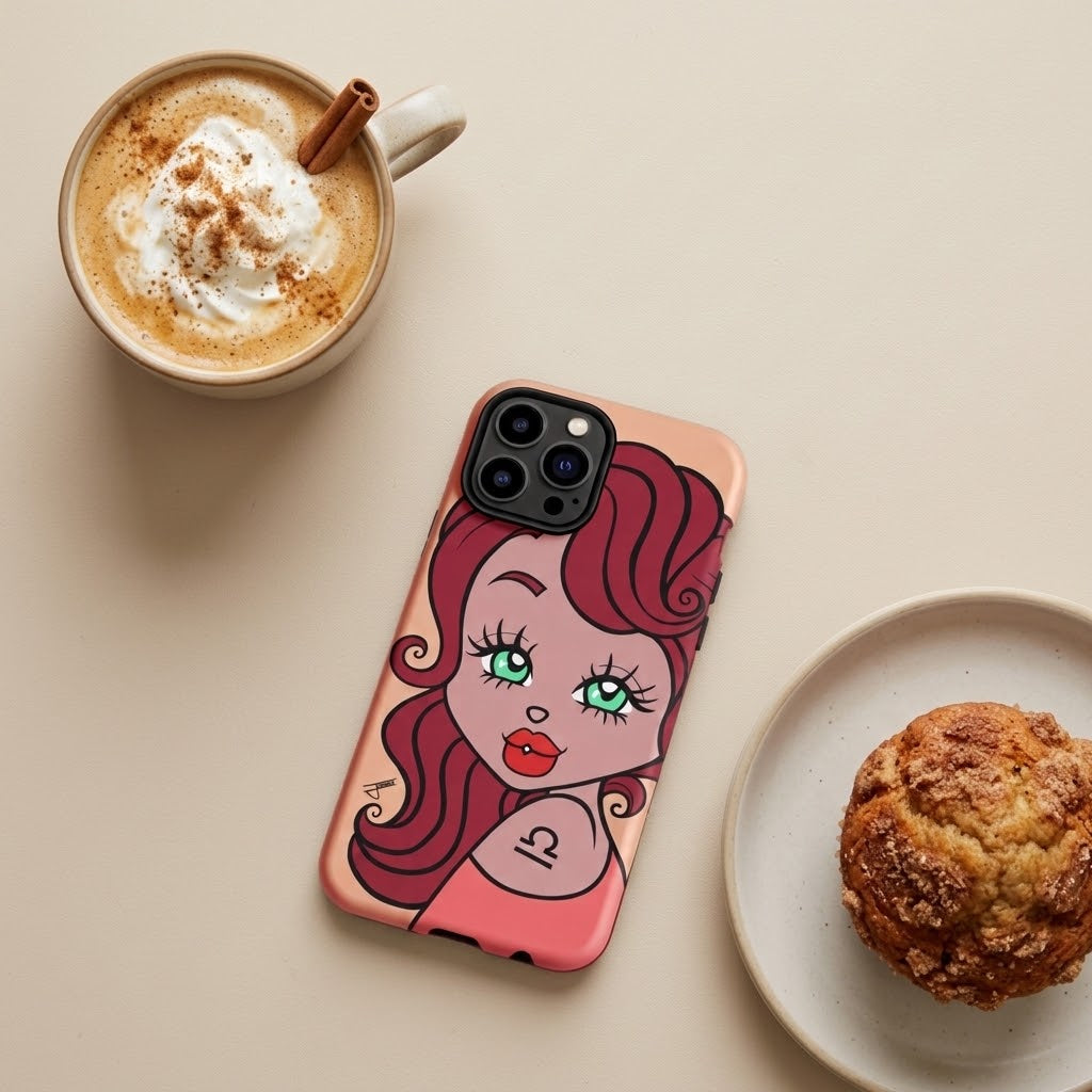 A phone case featuring a retro-style cartoon illustration of a woman with red hair and green eyes, styled in a flat-lay with a hot cocoa drink and a muffin on a beige background.