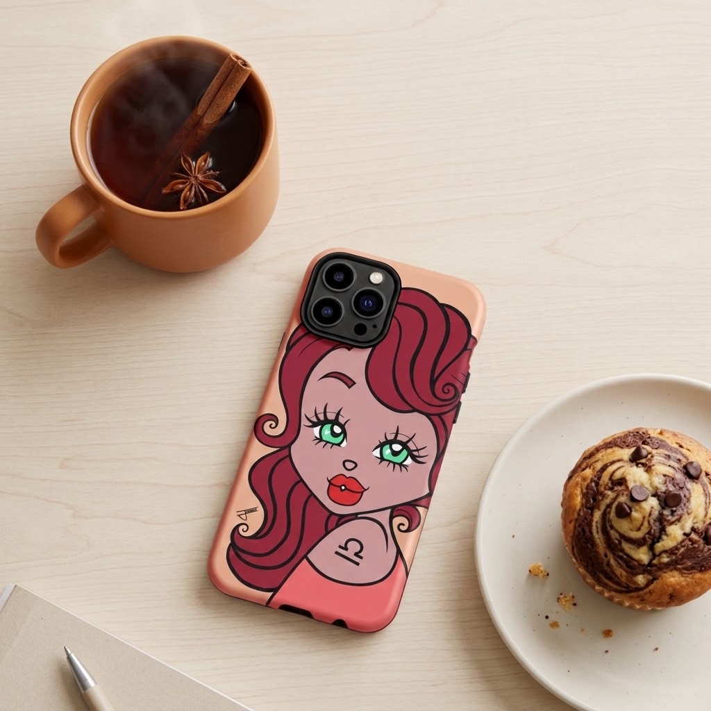 A phone case featuring a retro-style cartoon illustration of a woman with red hair and green eyes, styled on a light wood tabletop next to a cup of coffee, a muffin on a plate, and a notebook.