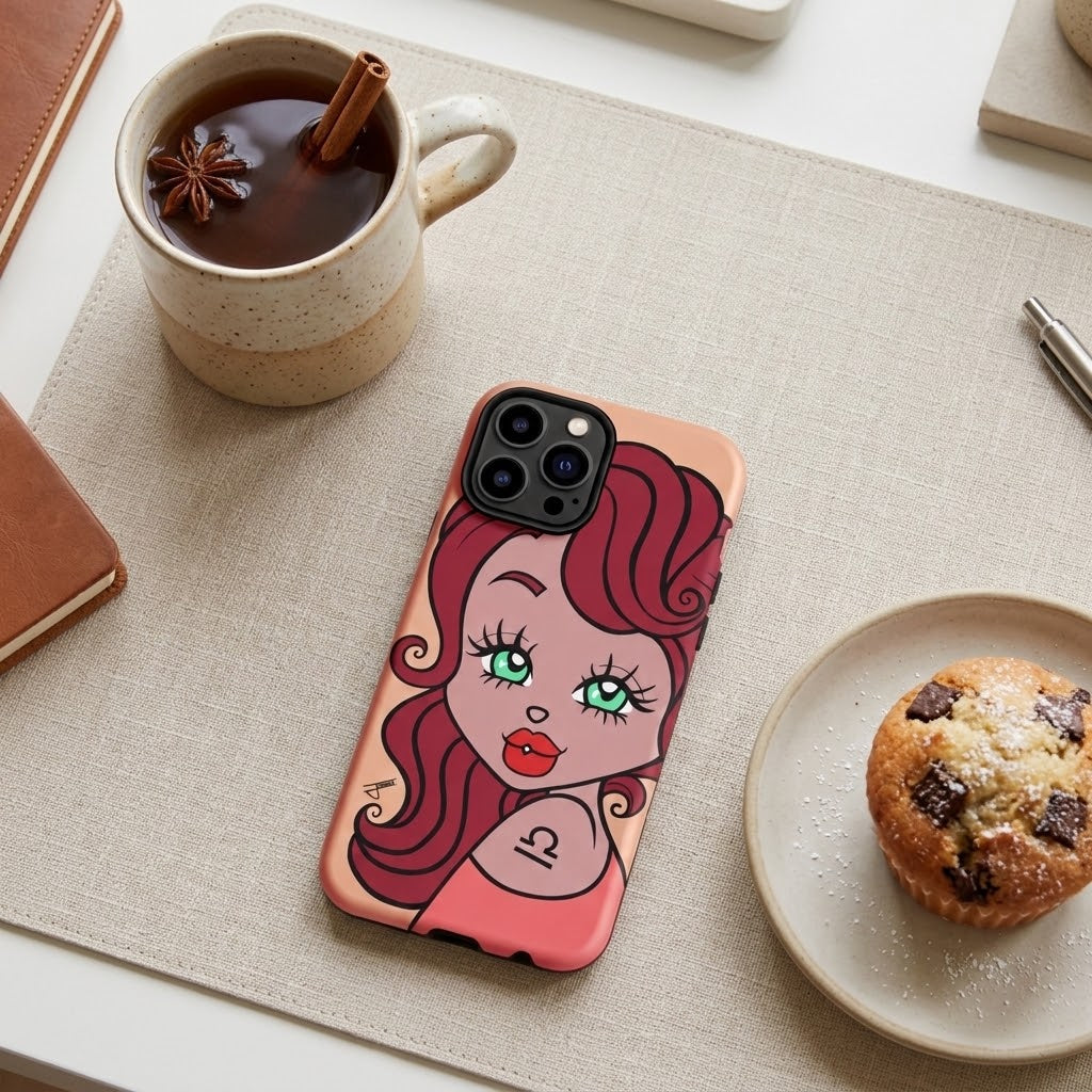 A phone case featuring a retro-style cartoon illustration of a woman with red hair and green eyes, displayed on a beige desk mat with a coffee mug, notebook, and muffin nearby.