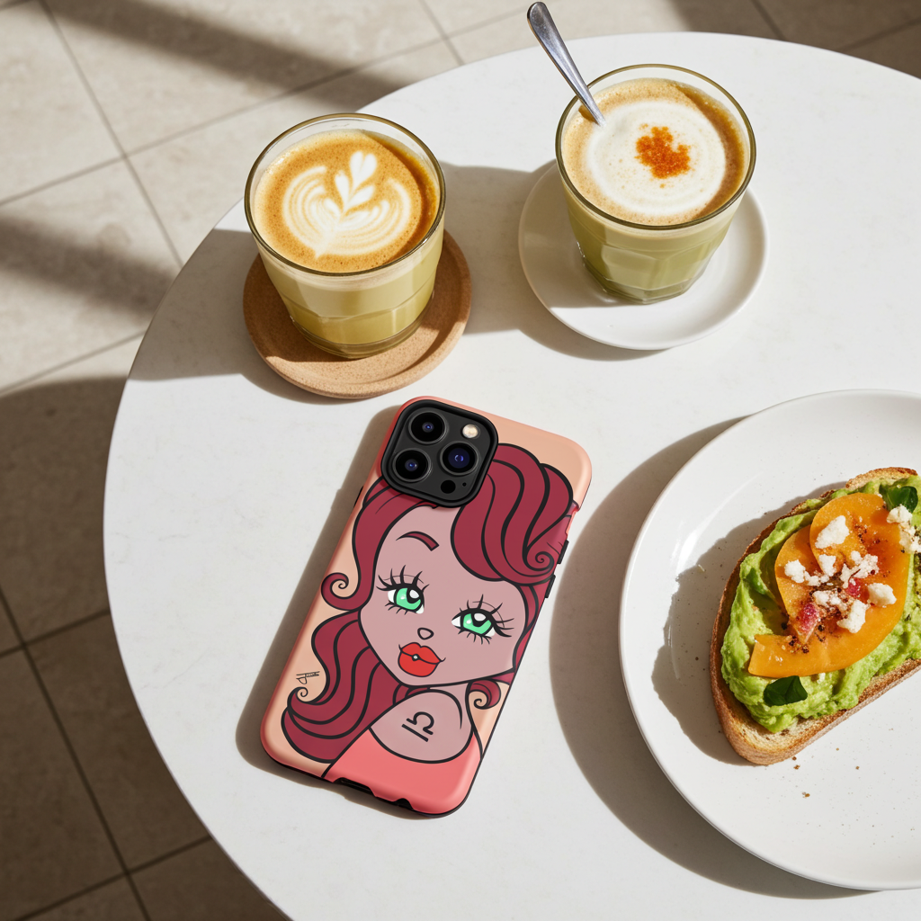 Phone case with a Libra character design on a table with two coffee cups and a plate of food.