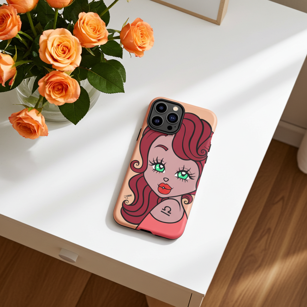 Phone case with a Libra design of a girl on a white surface with orange roses.