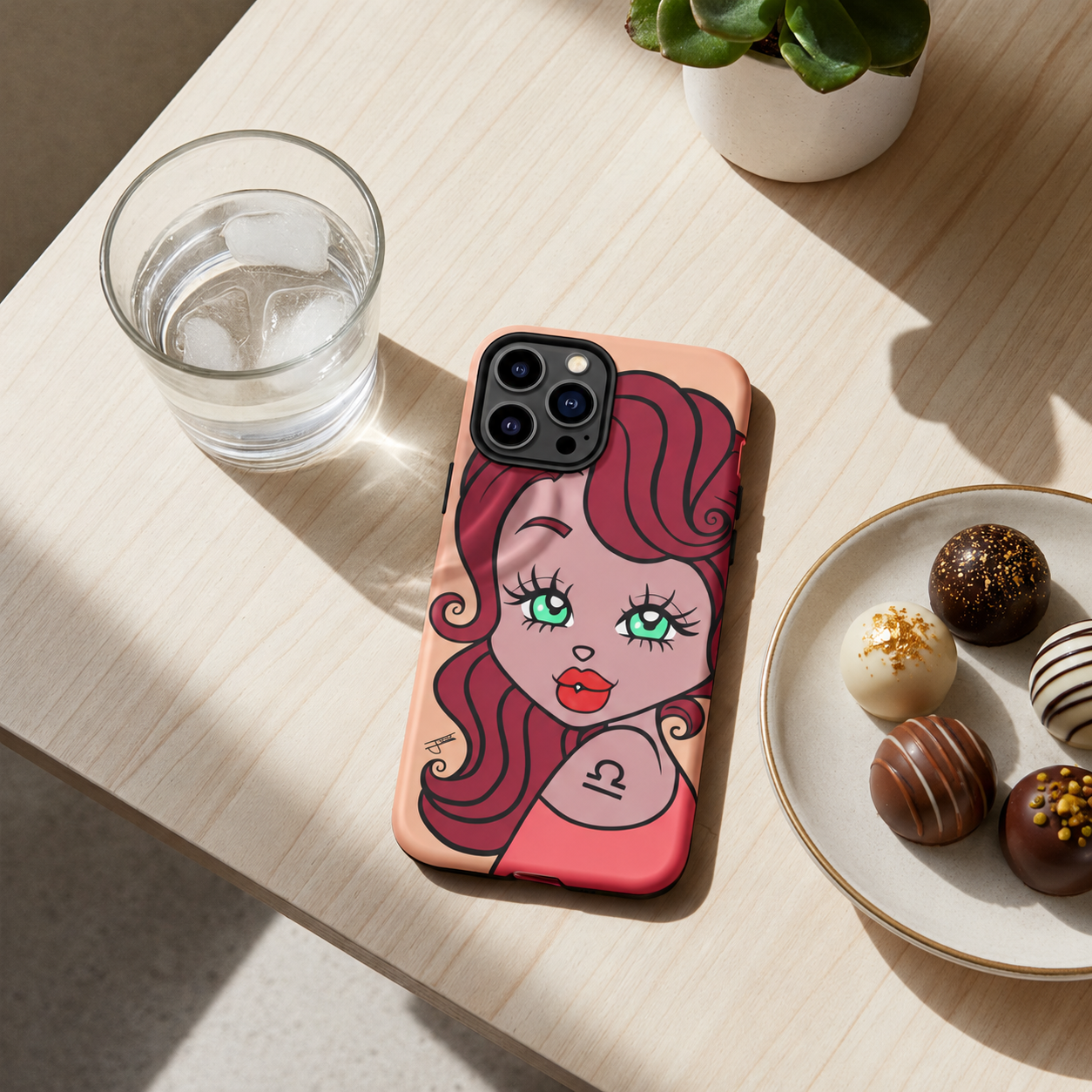 Phone case with a Libra design on a table with a glass of water and a plate of chocolates.