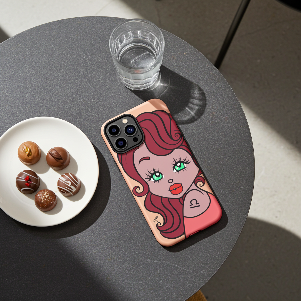 Phone case with libra design on a table with a plate of pastries and a glass of water.
