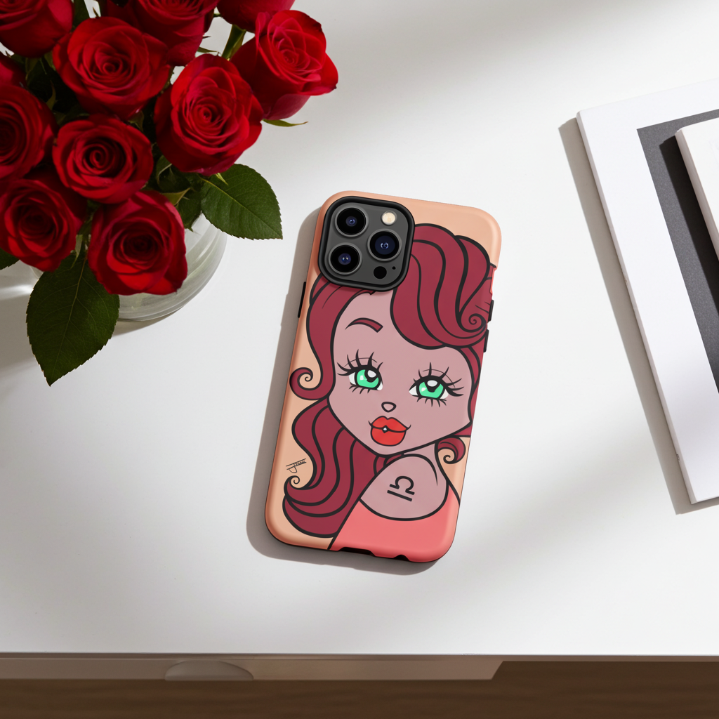 Phone case with a libra design of a woman's face on a white surface with red roses.