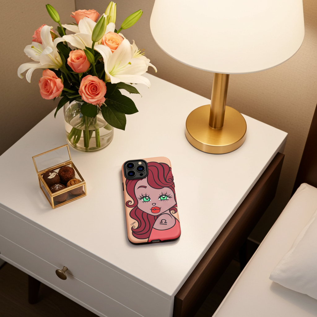 Phone case with a libra design on a nightstand with flowers and lamp