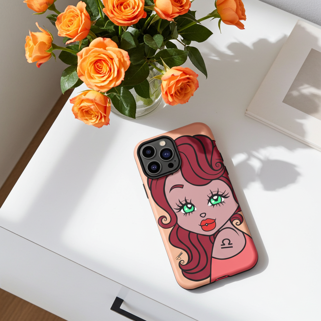 Phone case with a colorful Libra design on a white surface with orange roses.