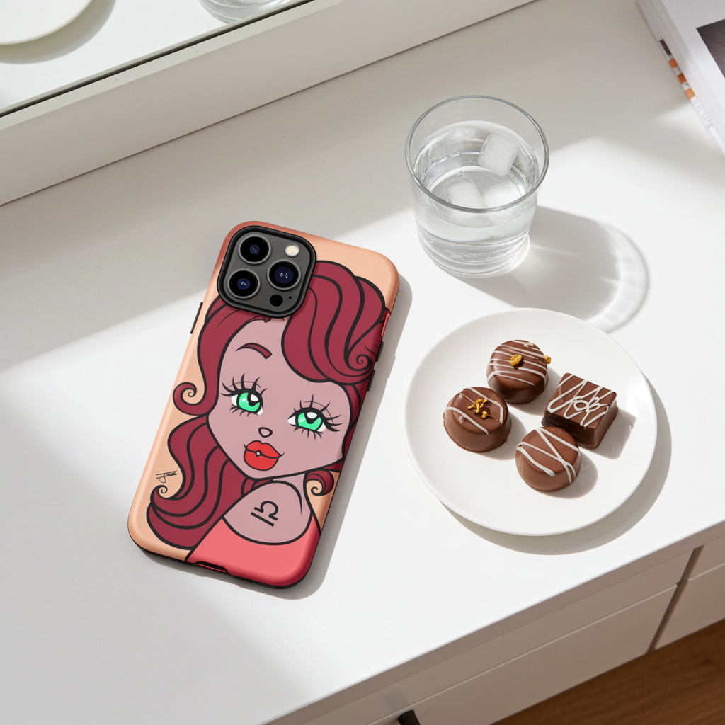Phone case with a Libra design of a girl on a table with chocolates and water.