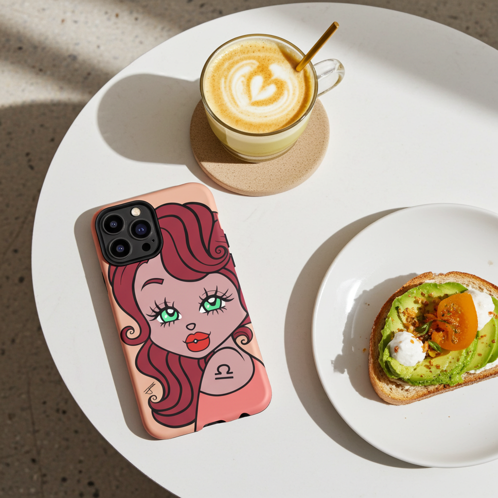 Phone case with a Libra character design on a table with a cup of coffee and avocado toast.