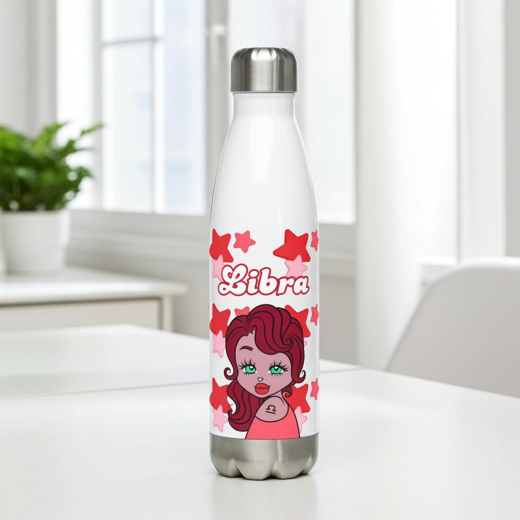Water bottle with Libra zodiac design on a white surface