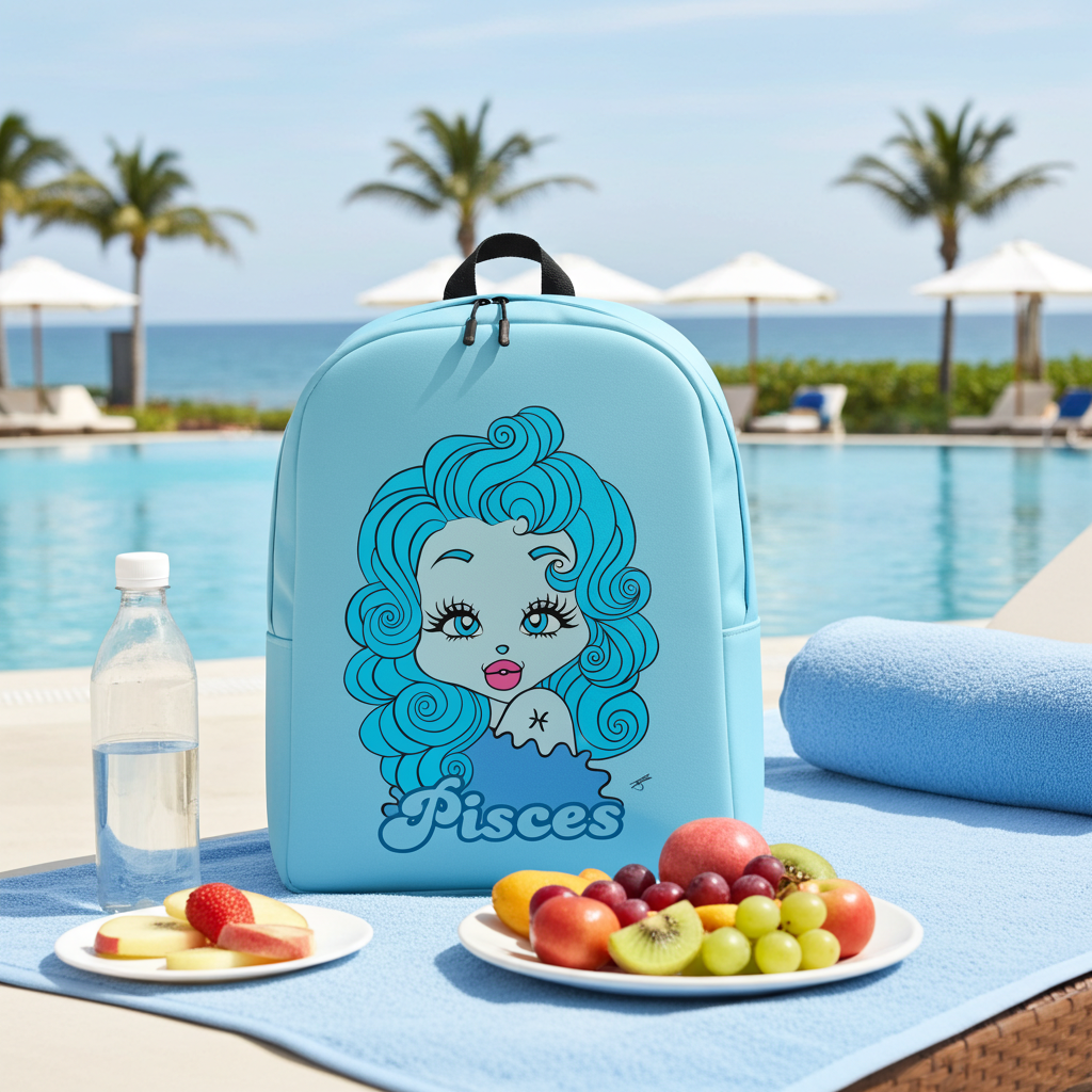 Light blue backpack with a Pisces design by a poolside with fruit and water.