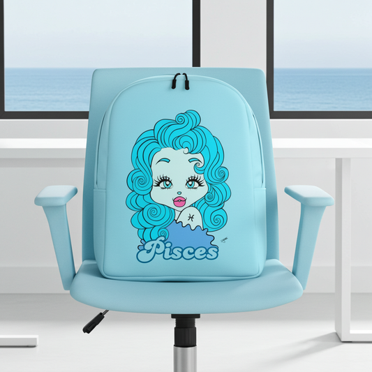 Light blue backpack with a Pisces girl with blue hair and 'Pisces' text on a chair.
