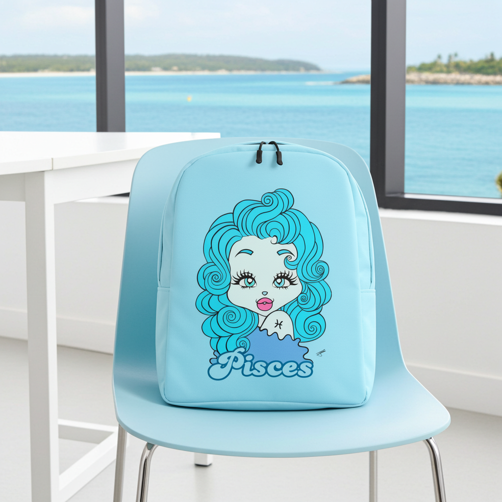 Light blue backpack with a Pisces design and 'Pisces' text on a chair by a window with a view of water.