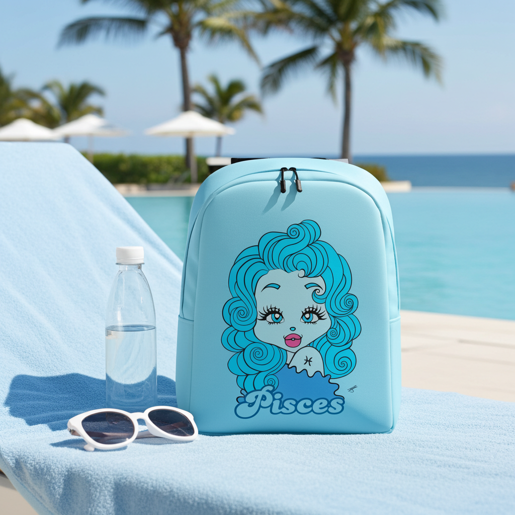 Light blue backpack with a Pisces character design and 'Pisces' text on a beach chair by a pool.